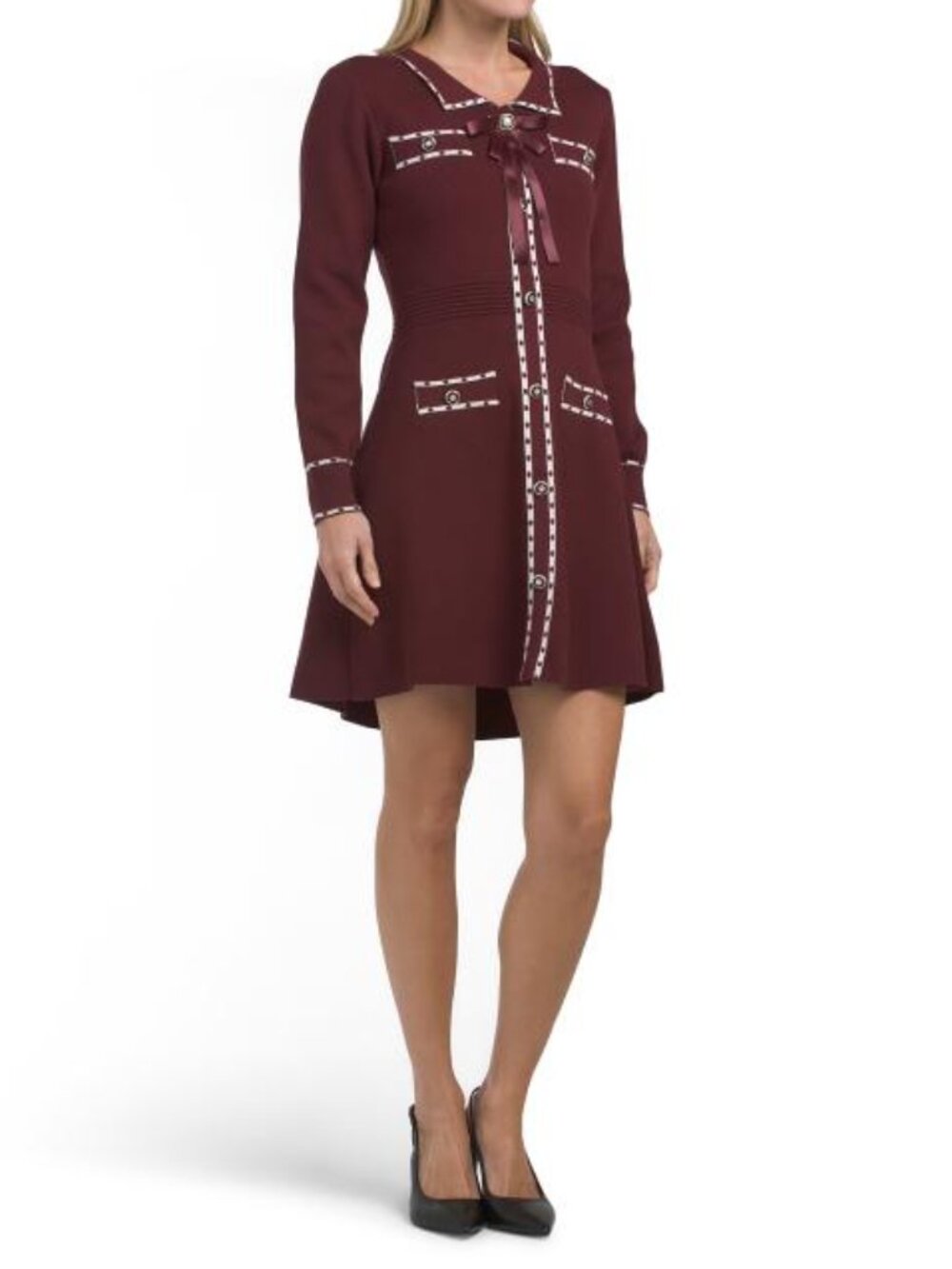 DALIA MACPHEE Long Sleeve Contrast Trim Sweater Mini Dress With Bow